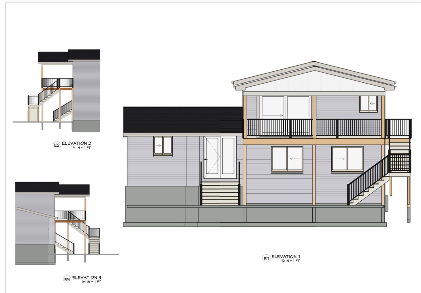 Architectural elevation drawings of a two-story addition with a covered deck and exterior stairs
