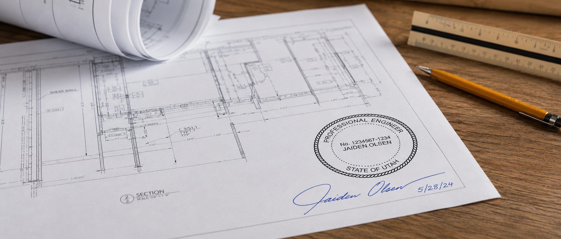 Stamped and sealed structural drawings with a scale rule on a work table