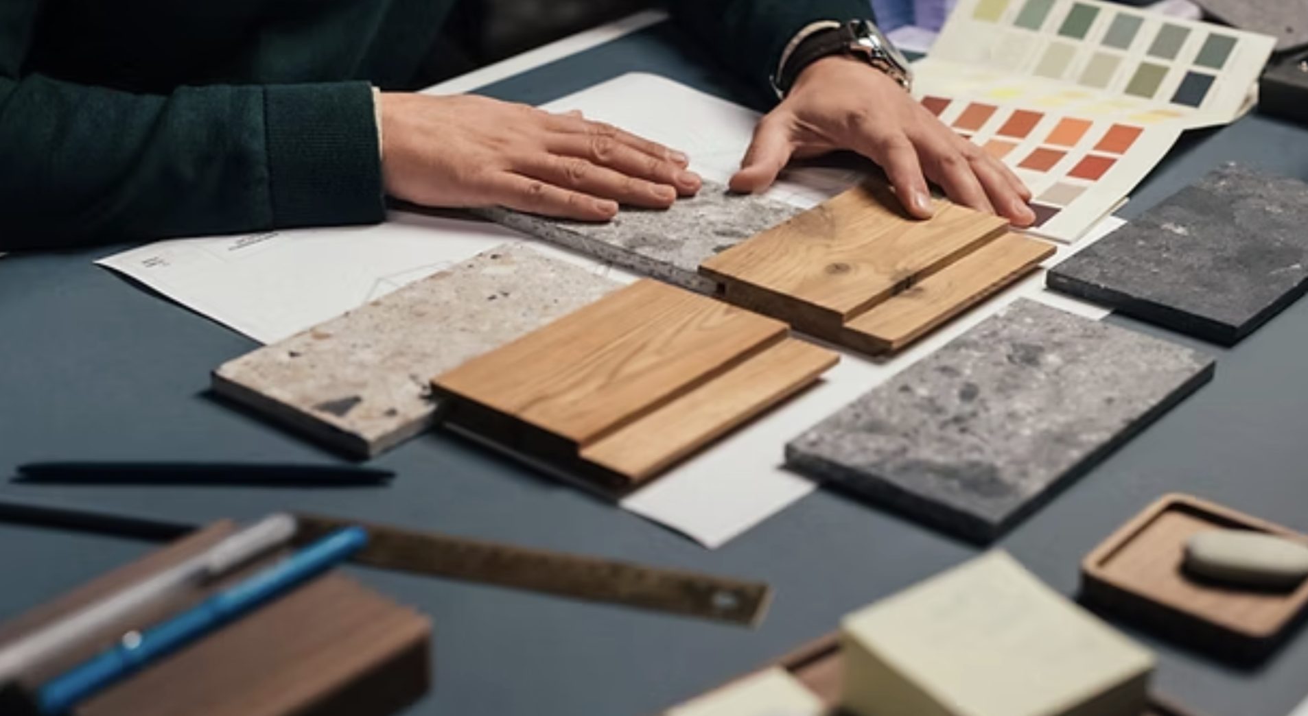 Choosing flooring, stone and paint samples over a set of plans