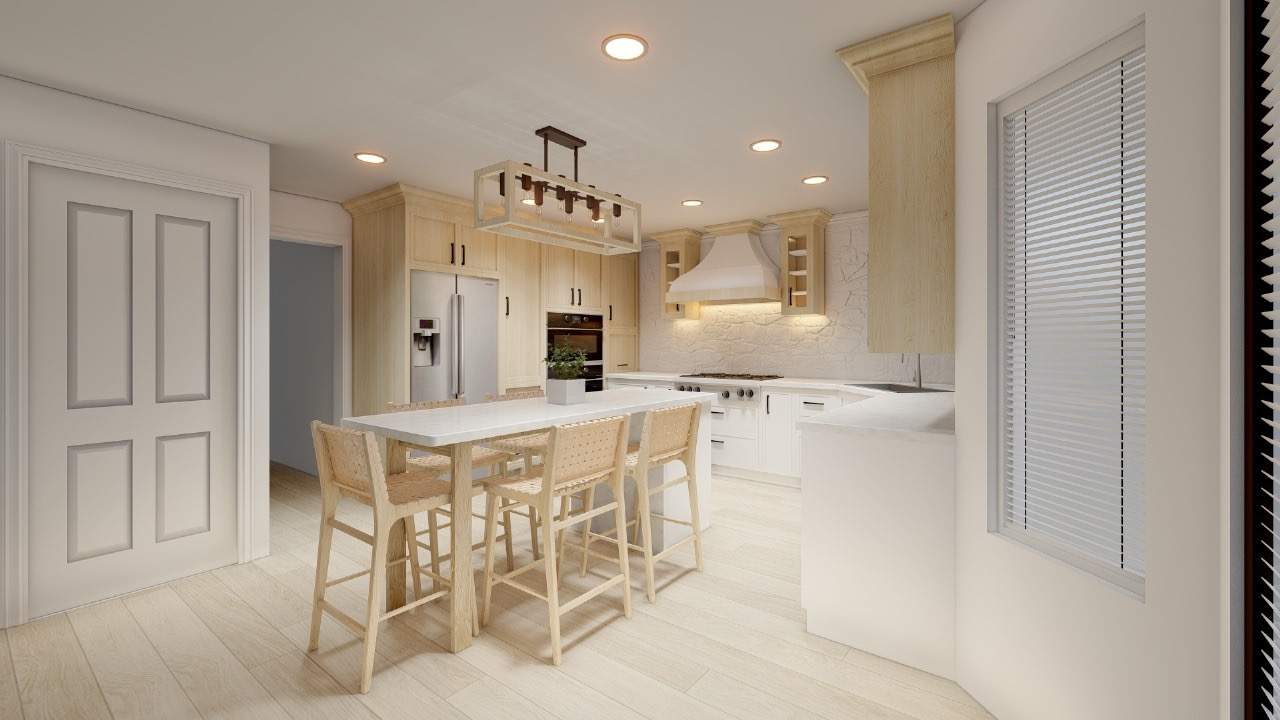 3D render of the same kitchen before construction, showing cabinet layout and island seating