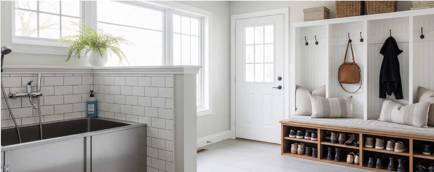 Mudroom and laundry with subway tile, a utility sink and built-in bench lockers with shoe cubbies