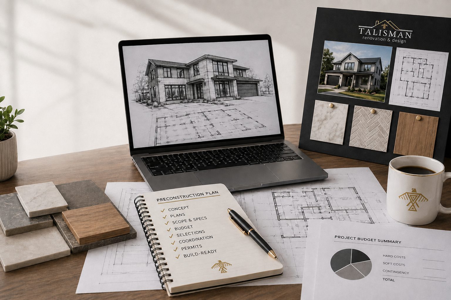 Preconstruction planning desk with drawings, a selections board and a project budget summary